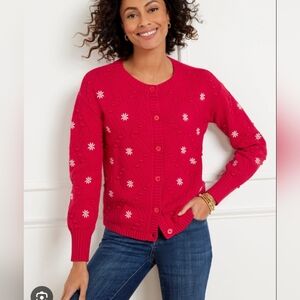 Talbots Cardigan Sweater 3X Red Embroidered Bobble Cottagecore Holiday Christmas